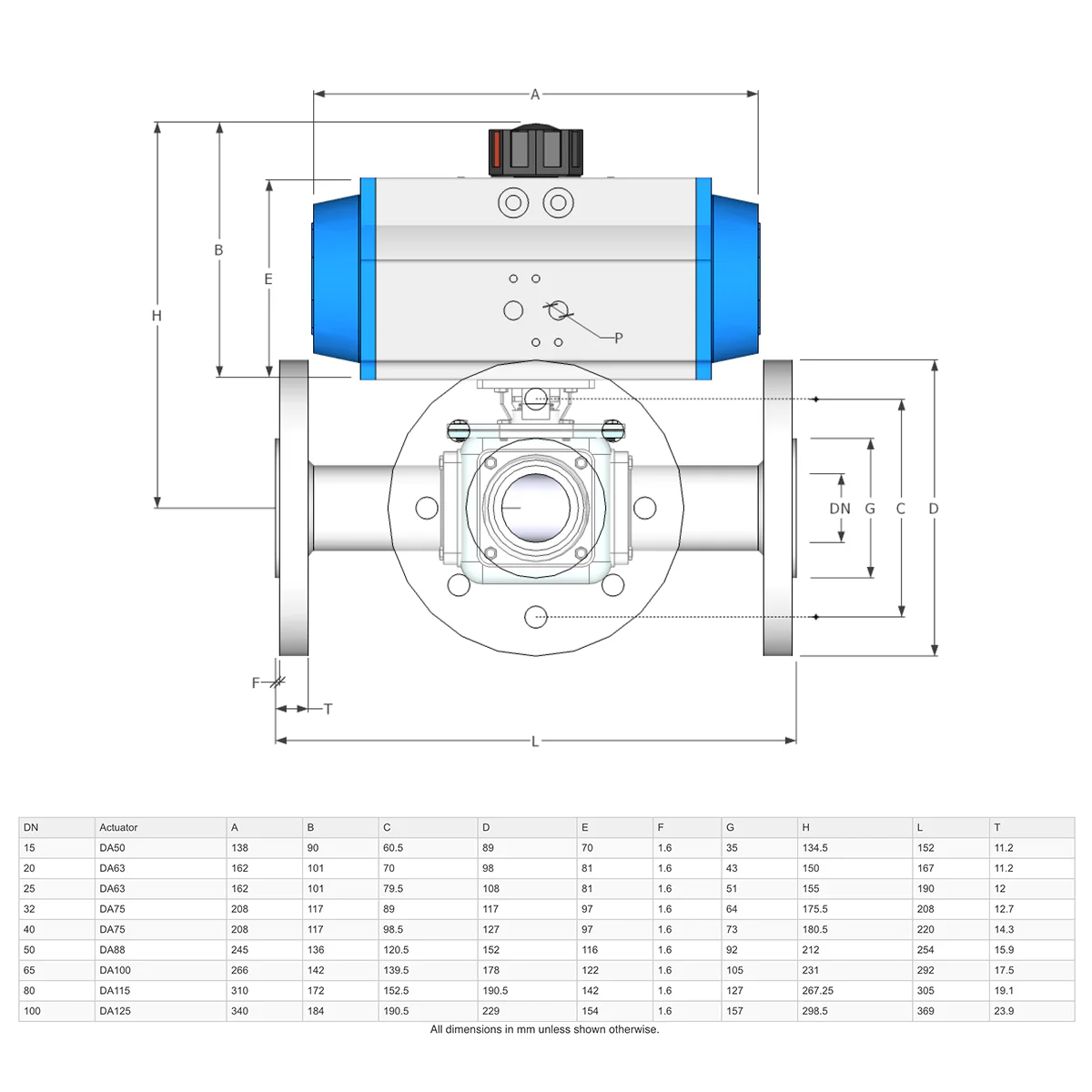 GO Ball Valves Actuated Double Acting Pneumatic Flanged ANSI 150# 3 Way BLS3FADA - Image 3